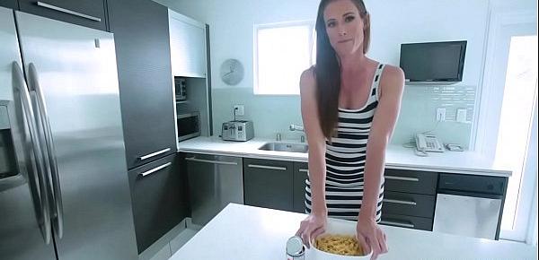  Sofie Marie is cooking and she gets all the sauce on her dress and wash it with her undies on,stepson saw her hot body then she gave him a blowjob.